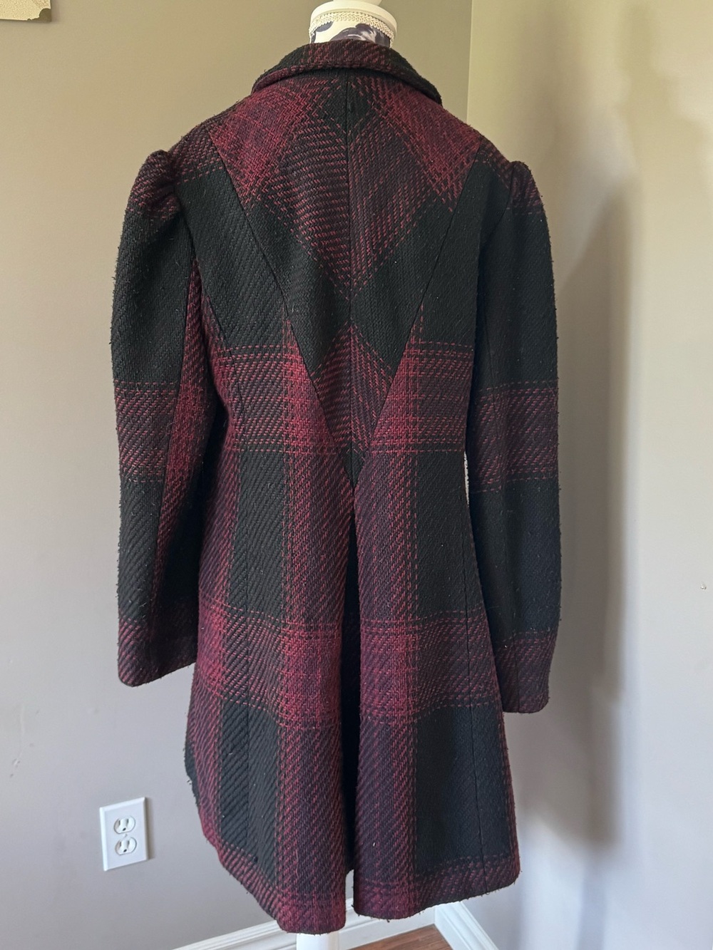 Y2K Suzy Shier Black and Burgundy Plaid Double-Breasted Pea Coat - Picture 2 of 9
